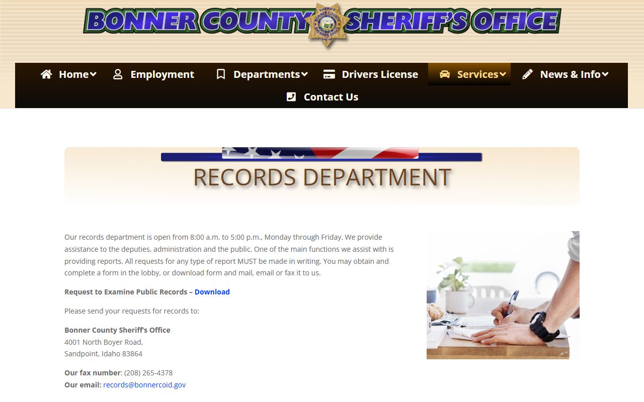 Bonner County records page for jail mugshot and booking photo requests