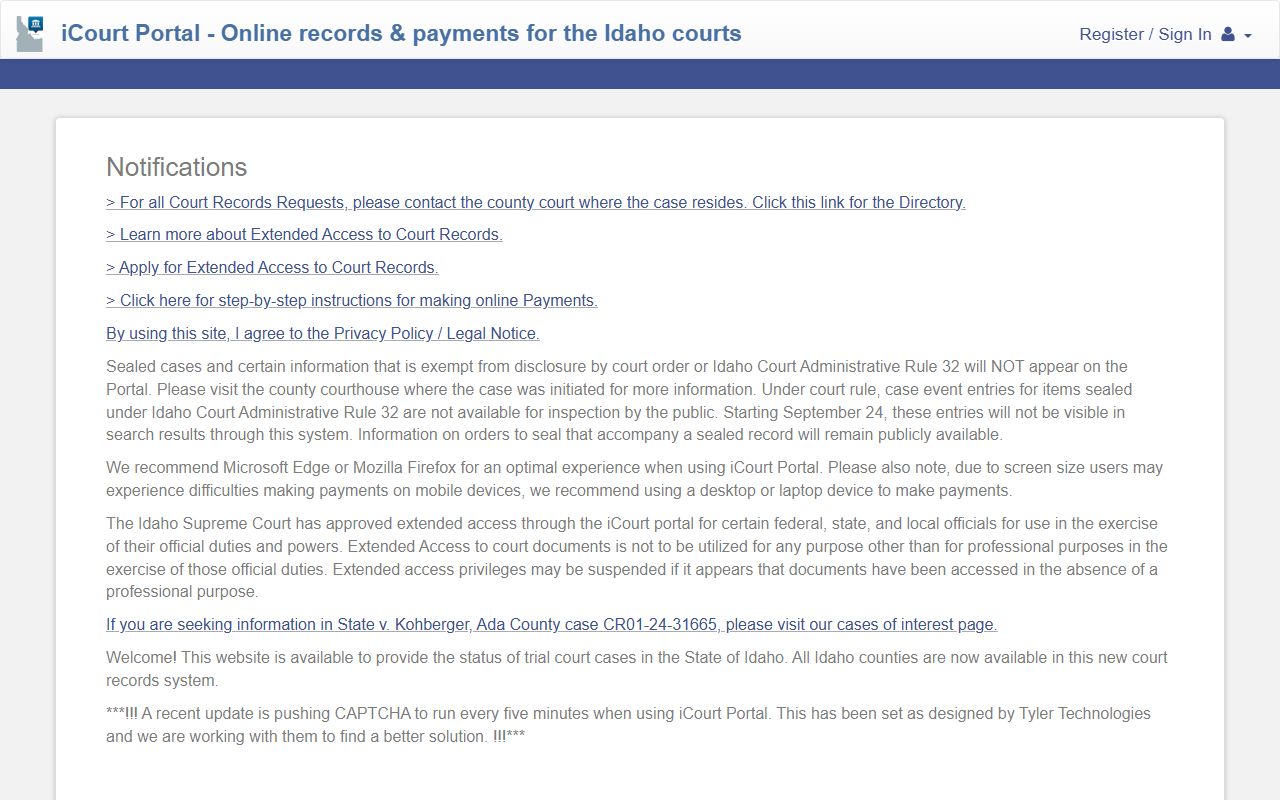Idaho iCourt Portal for Bonner County court records after arrest