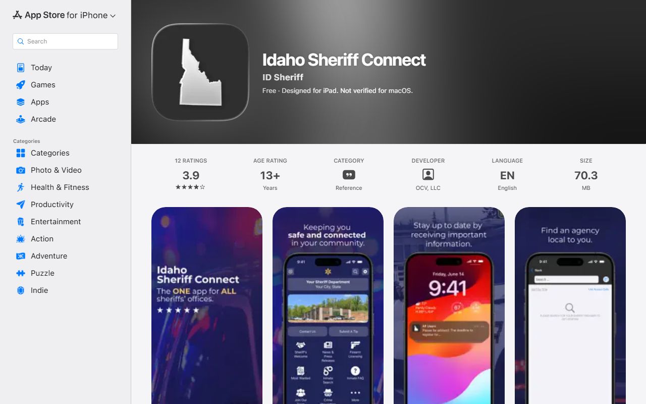 Idaho Sheriff Connect app listing for Bonner County booking photos and jail information
